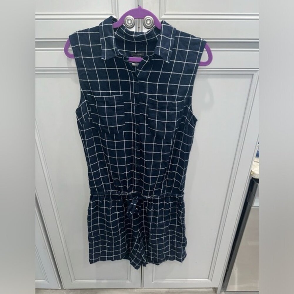 Ann Taylor Factory Linen navy windowpane plaid sleeveless romper size 10